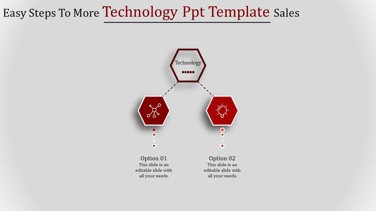 Central technology hexagon connected to two red hexagonal options featuring network nodes and light bulb icons.