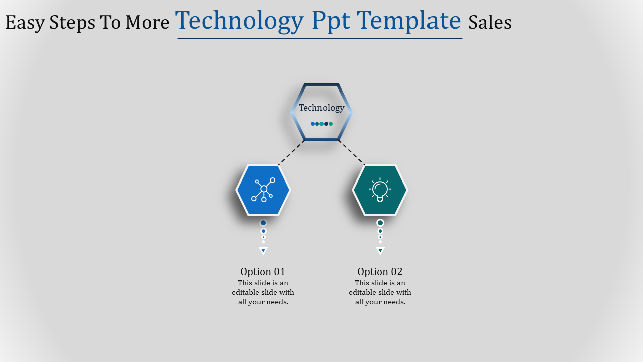 Hexagonal technology design with two connected options featuring icons network nodes and a light bulb.