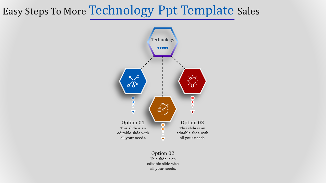 Technology themed flow with three colored hexagonal icons leading to options, each with a downward arrow.