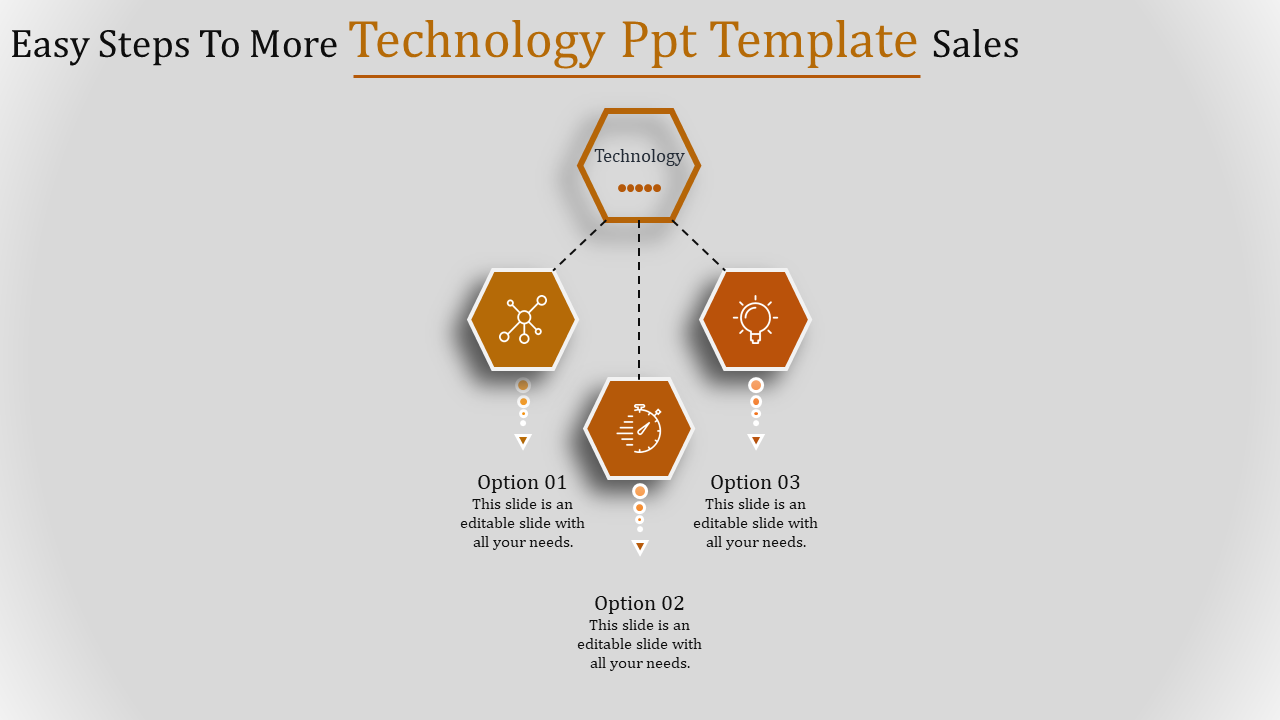 PowerPoint template with a technology header and three hexagonal sections labeled Option with icons.