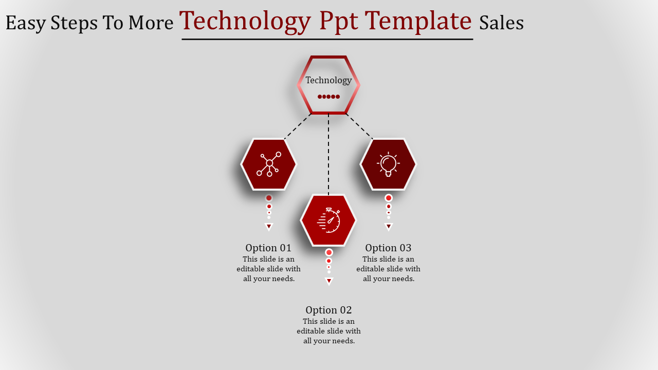 Slide with a central technology hub and three red hexagons, connected by dotted lines and text placeholders below.