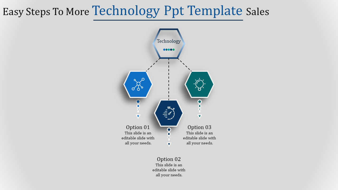 Central technology hexagon connected to three blue gradient hexagonal steps with icons and captions on a gray background.