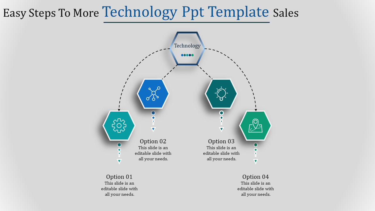 PPT slide featuring a flowchart with technology themed icons like gears, lightbulb, and location, labeled with options.