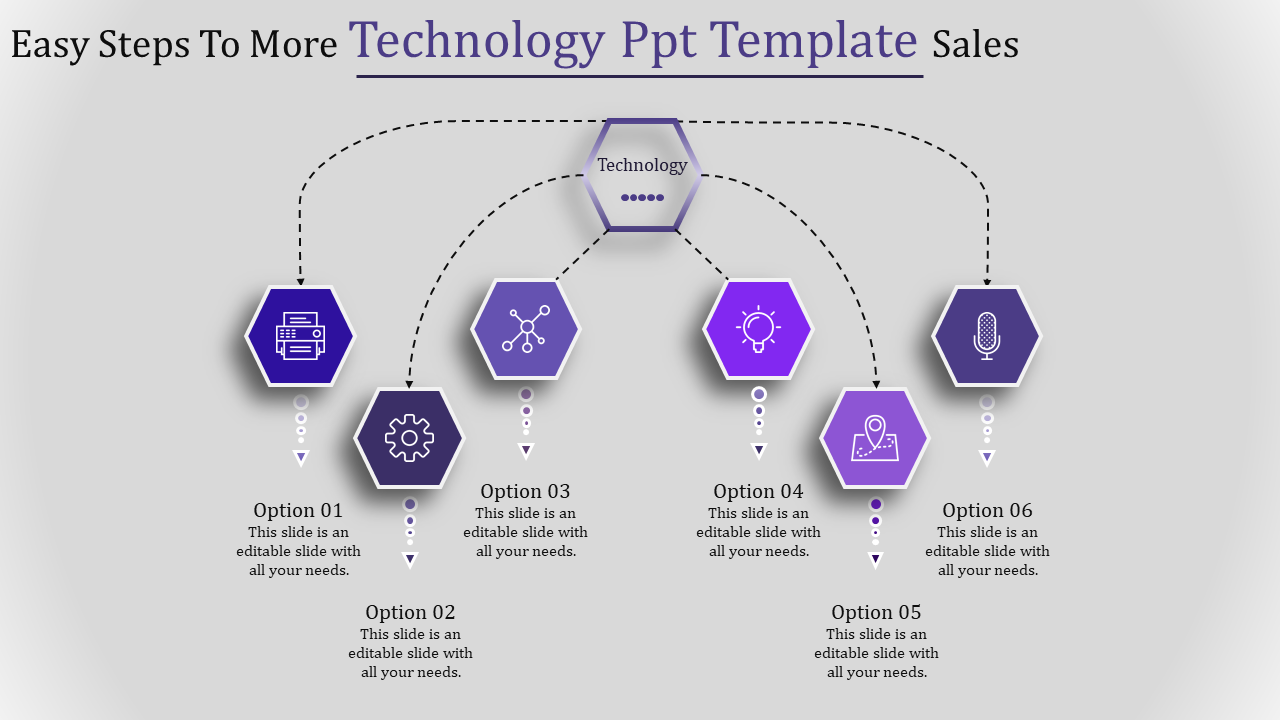 Technology themed PowerPoint slide with six options, each represented by a hexagonal icon with placeholder text.