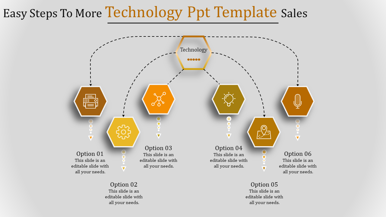 PowerPoint slide layout with hexagonal icons linked by lines focused on technology related elements with options.