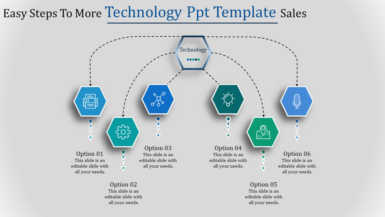 Infographic for increasing technology template sales, with six steps linked by lines and each represented by a unique icon.