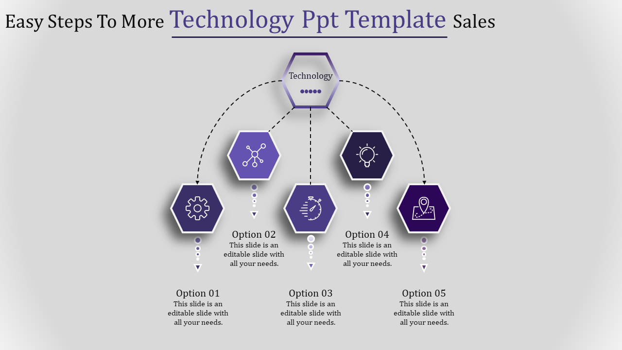 Technology infographic with five connected purple hexagons displaying gear, network, speed, lightbulb, and location icons.