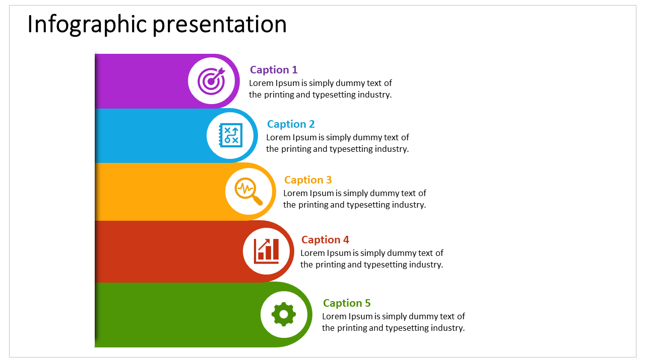 Five-step infographic design with bold icons representing target, planning, monitoring, performance, and operations.