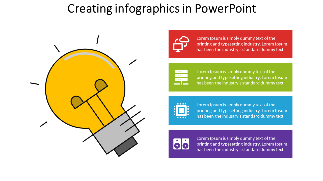 Creative infographic PPT slide with a lightbulb and vibrant colored blocks illustrating different ideas with text placeholders.