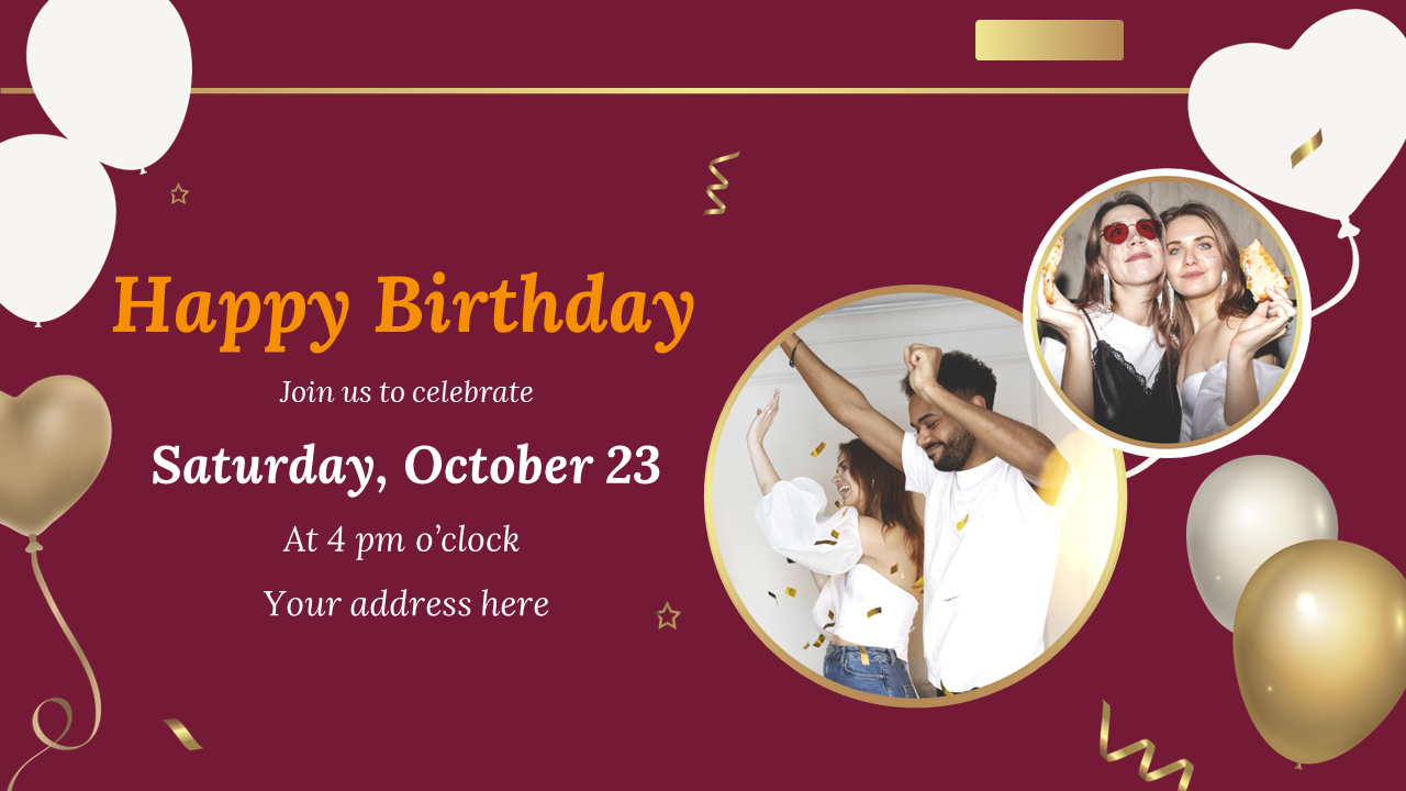 Colorful birthday celebration template showcasing event details and images of people enjoying a party.