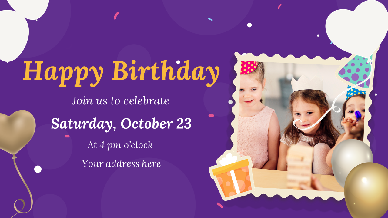 Birthday-themed invitation with a photo of kids at a party, balloons, and gift graphics on a purple background.