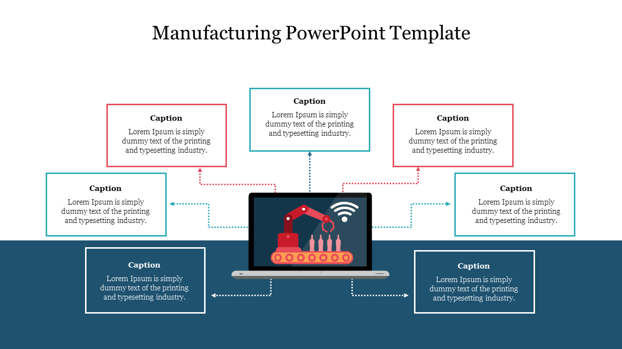 Slide featuring a manufacturing workflow with a robotic arm on a conveyor belt and multiple text boxes linked via arrows.