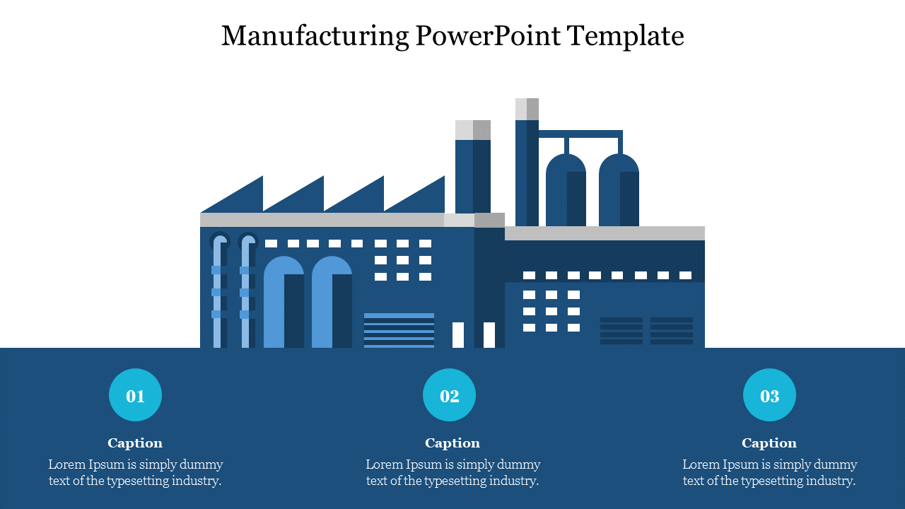 Blue factory illustration with chimneys and tanks, positioned above three numbered captions in a row.