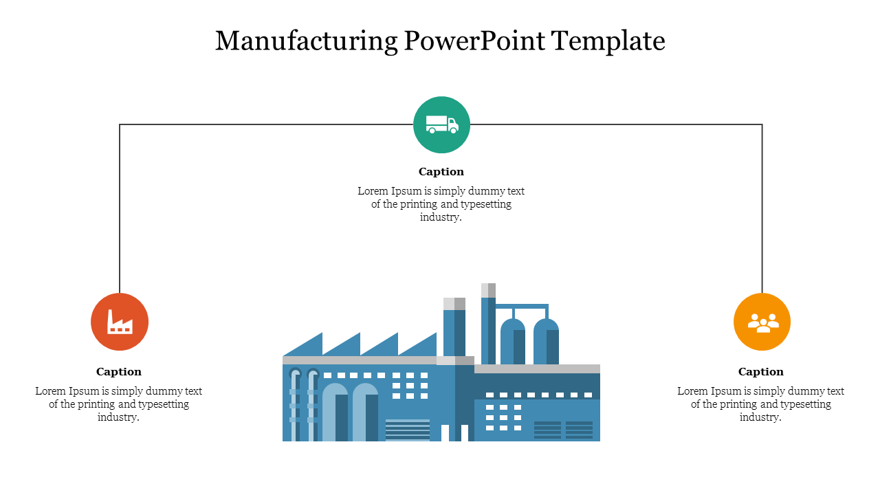 Blue factory illustration in the center with three circular icons in orange, green, and yellow connected by lines.