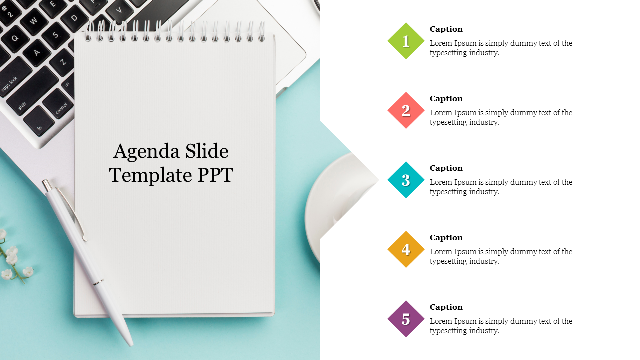 A PowerPoint slide featuring an agenda template with a notepad and pen next to a laptop.