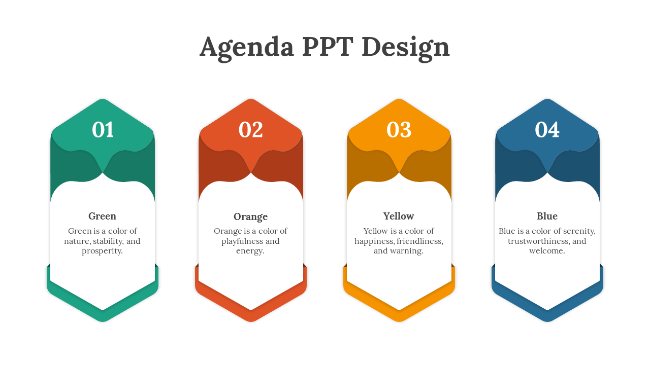 Agenda design with four color-coded sections labeled 1 to 4, highlighting attributes of each color.