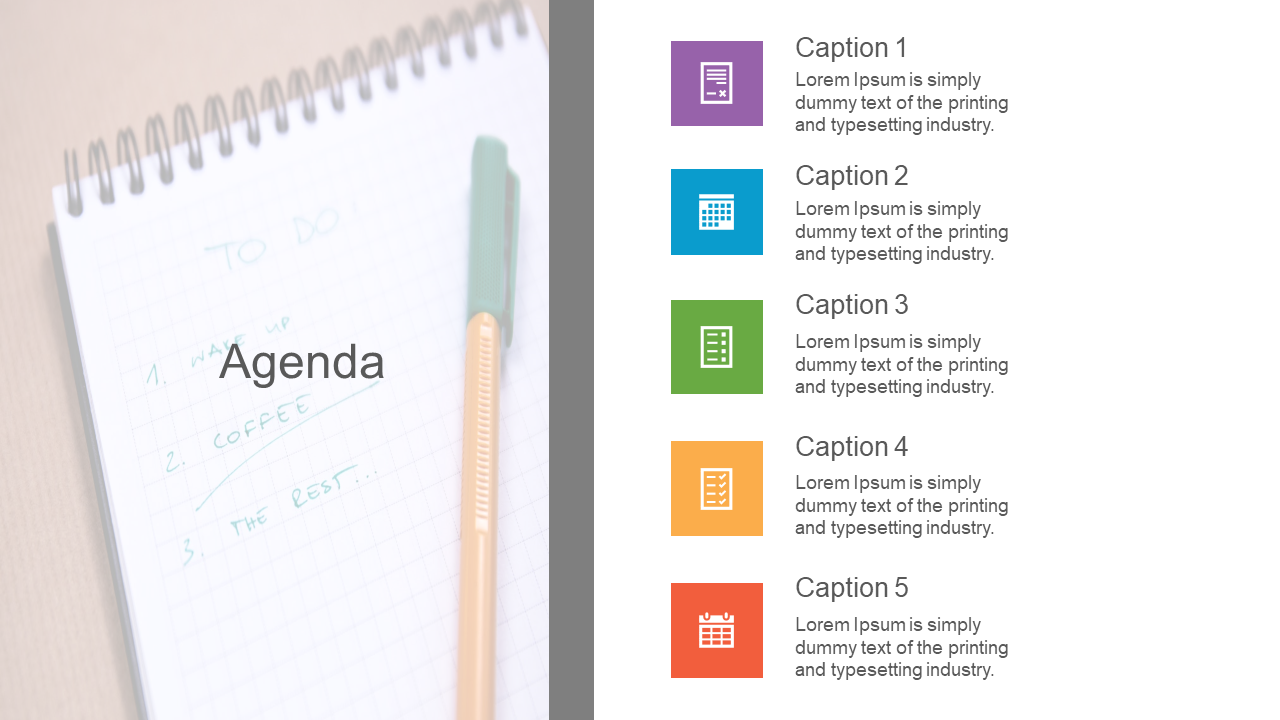 Notebook with a pen and agenda list on the left, and five colorful icons with captions areas on the right.