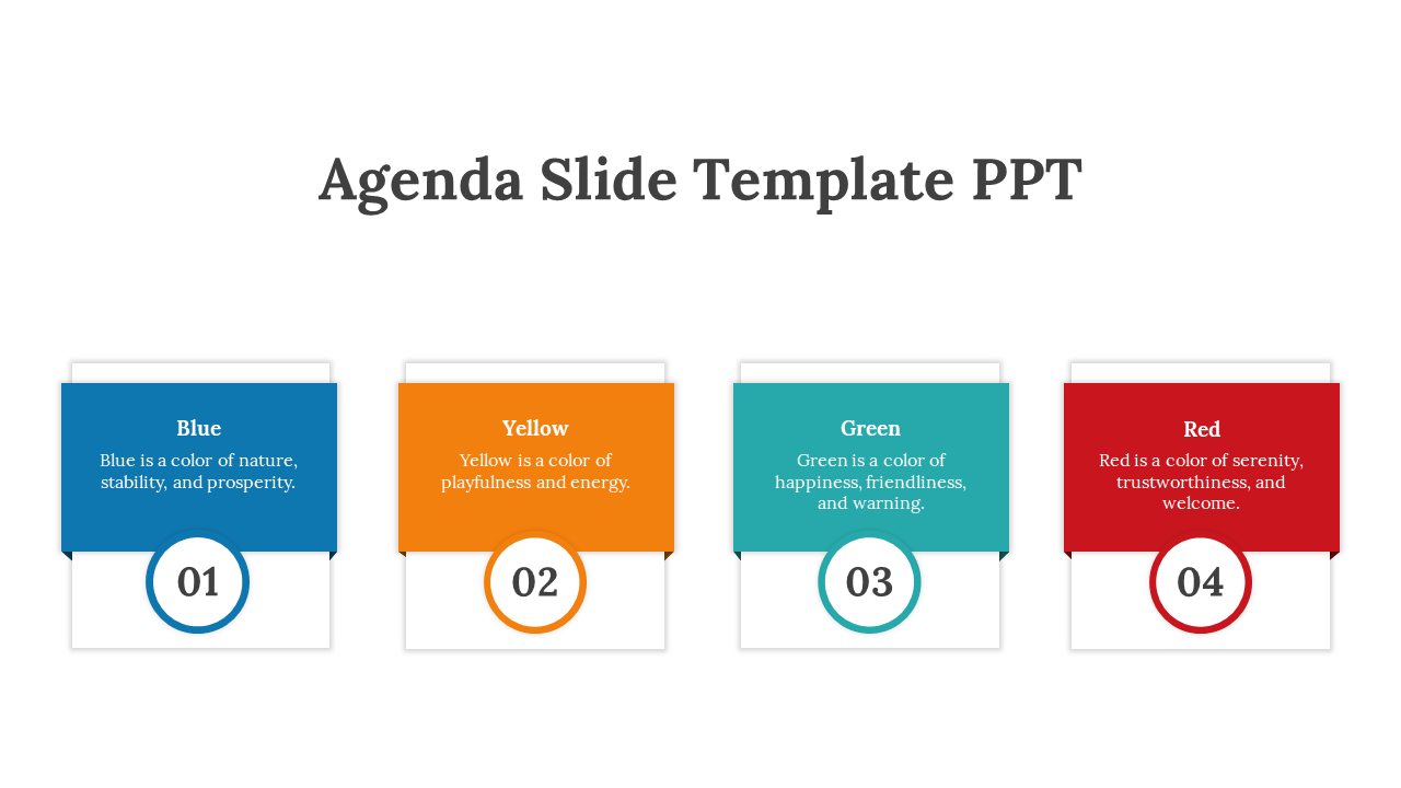 Agenda slide highlighting color meanings blue, yellow, green, and red with corresponding descriptions.