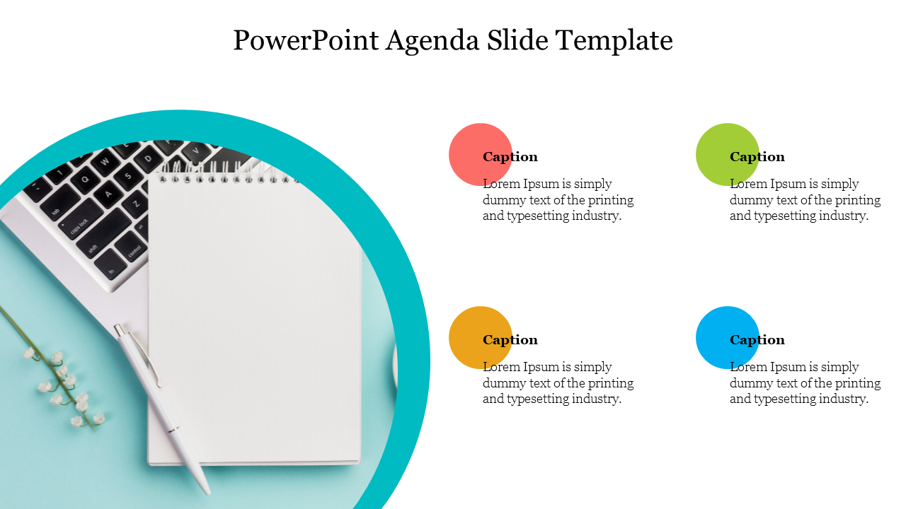 Agenda template with a circular design showing a notebook, pen, and laptop, surrounded by four colorful caption areas.