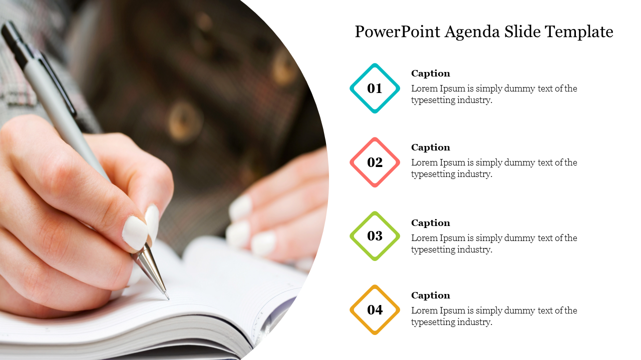 Agenda slide with four sections, each containing a colorful icon and caption, alongside a person writing in a notebook.