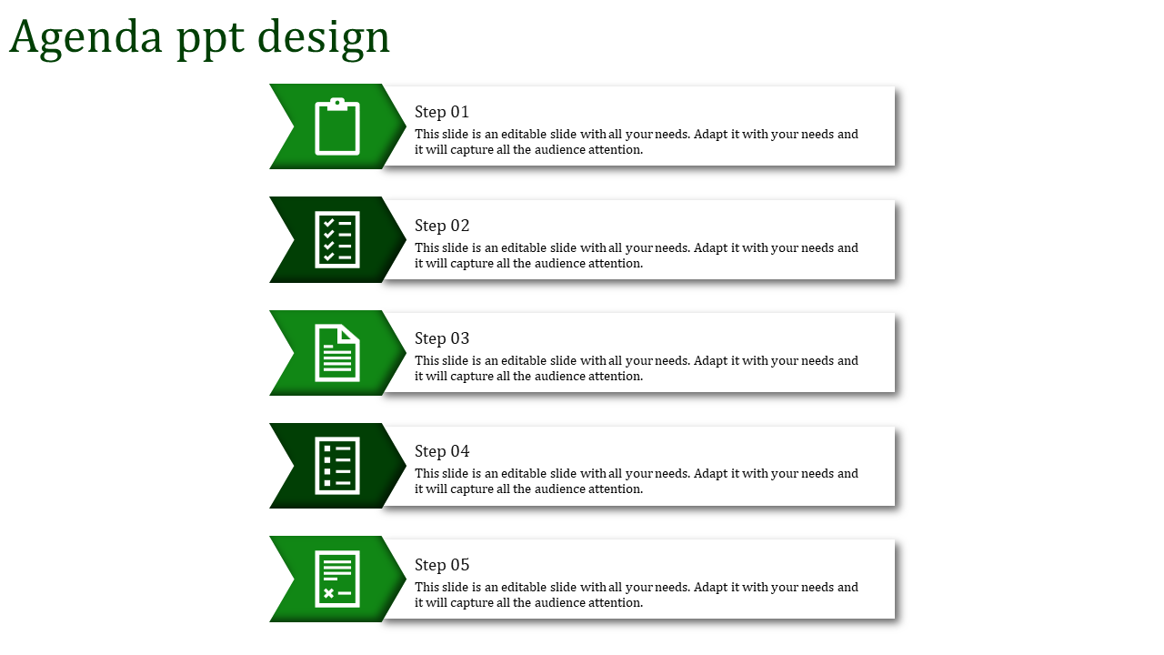 Vertical agenda template with five green arrow pointers leading to rectangular text boxes on a white background.