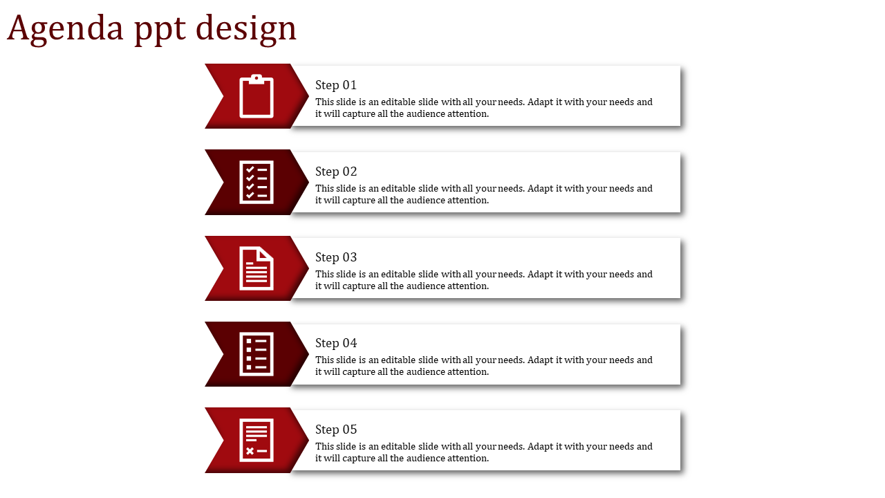 Agenda slide design with red arrow shapes and white text boxes arranged vertically, featuring five labeled steps.