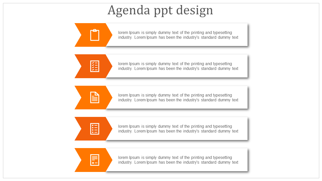 Agenda PPT slide with five orange arrow icons paired with text boxes and placeholder text.