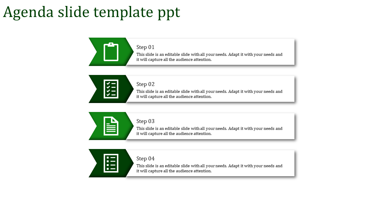 Horizontal layout of an agenda slide with four green arrows and matching icons for steps 01 to 04.