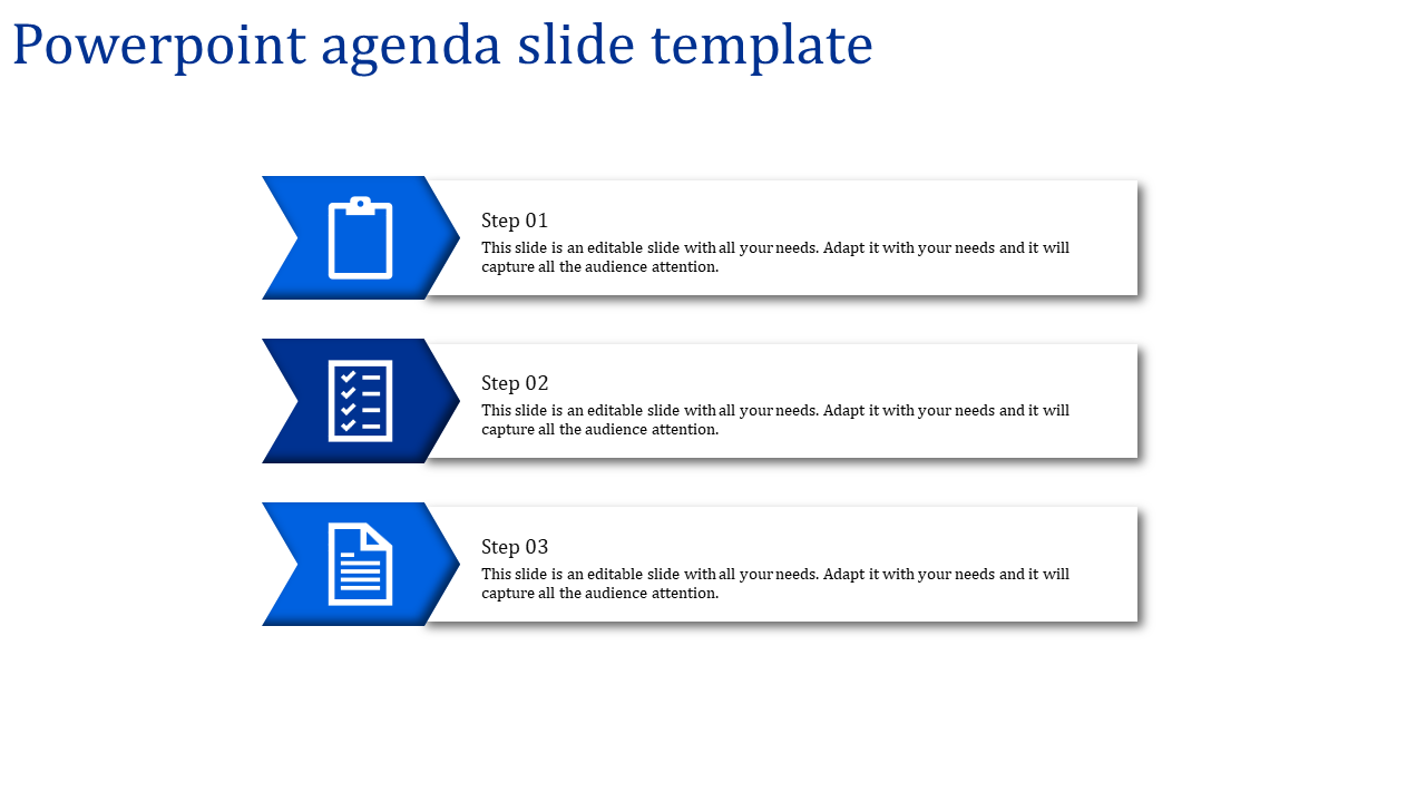 Agenda PPT slide with three blue arrow icons representing steps, paired with text boxes for descriptions.