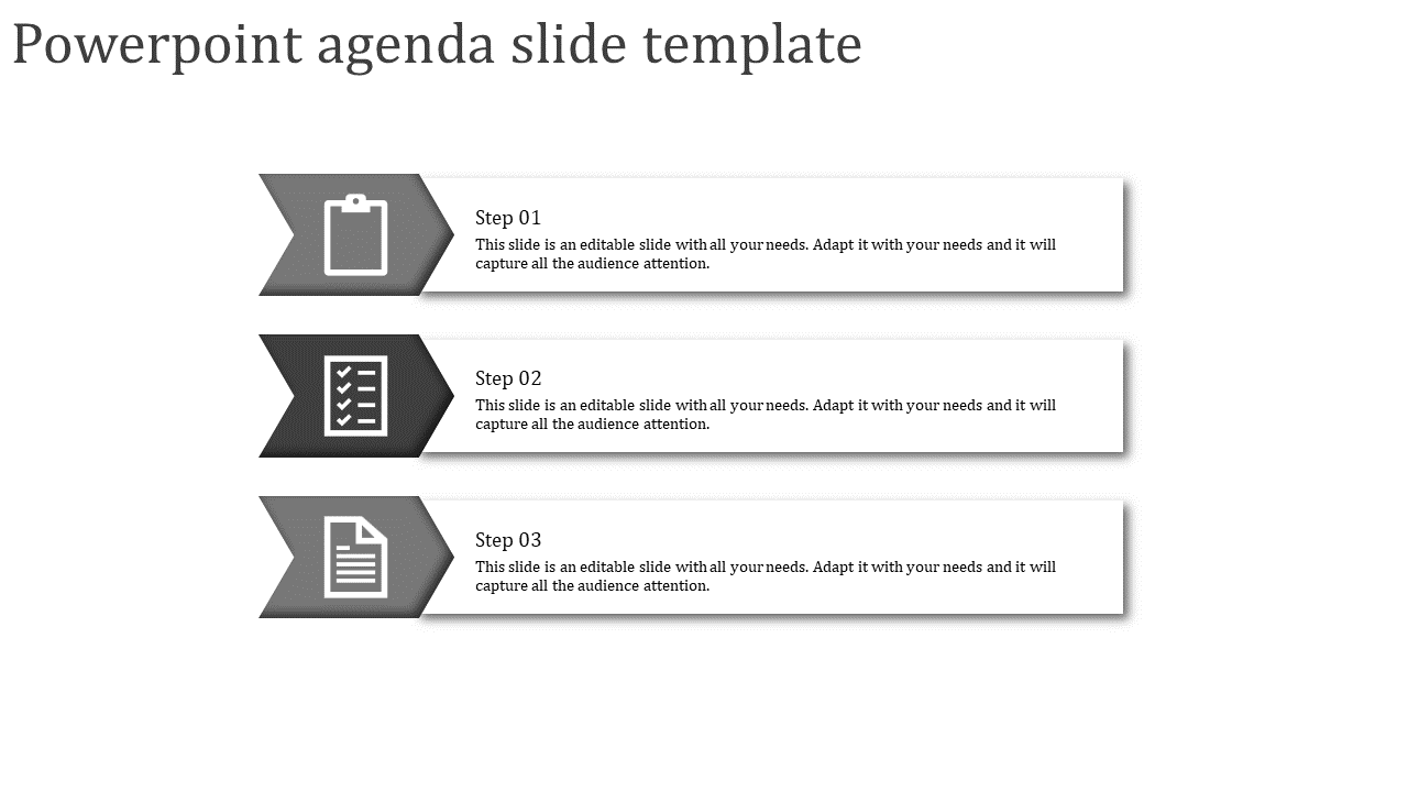 Black and white agenda template with three rectangular sections, featuring clipboard, checklist, and document icons.