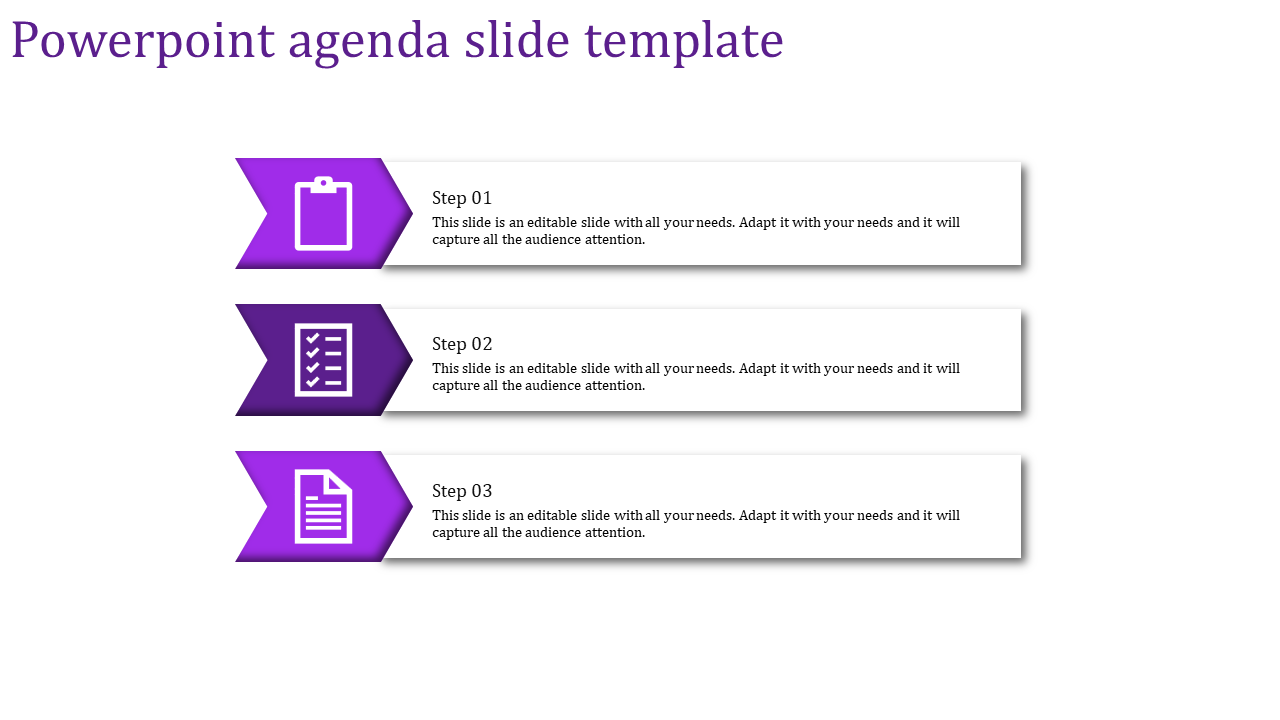 Modern agenda slide in purple, displaying three sequential steps with clipboard, checklist, and document icons.