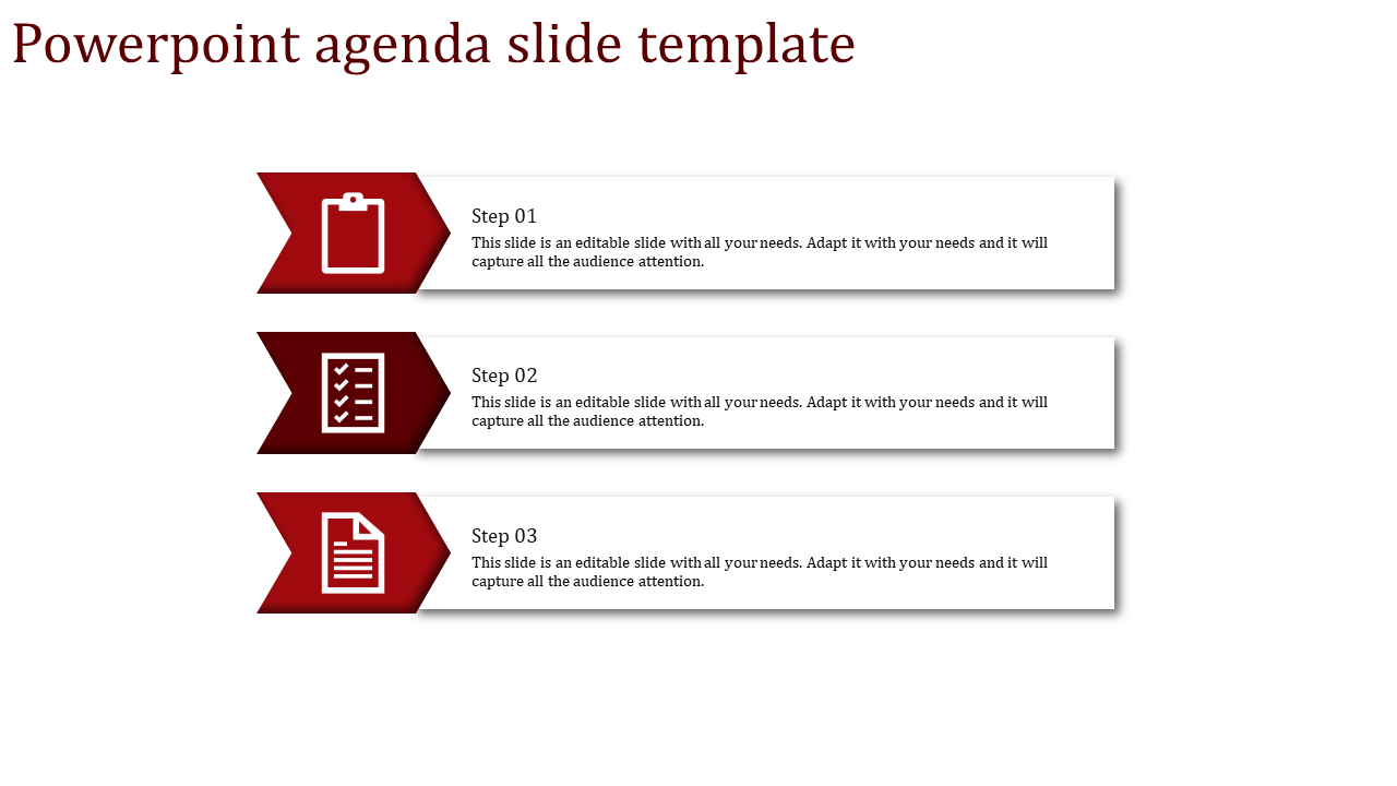 Three step red agenda slide with icons for clipboard, checklist, and document in a horizontal layout.