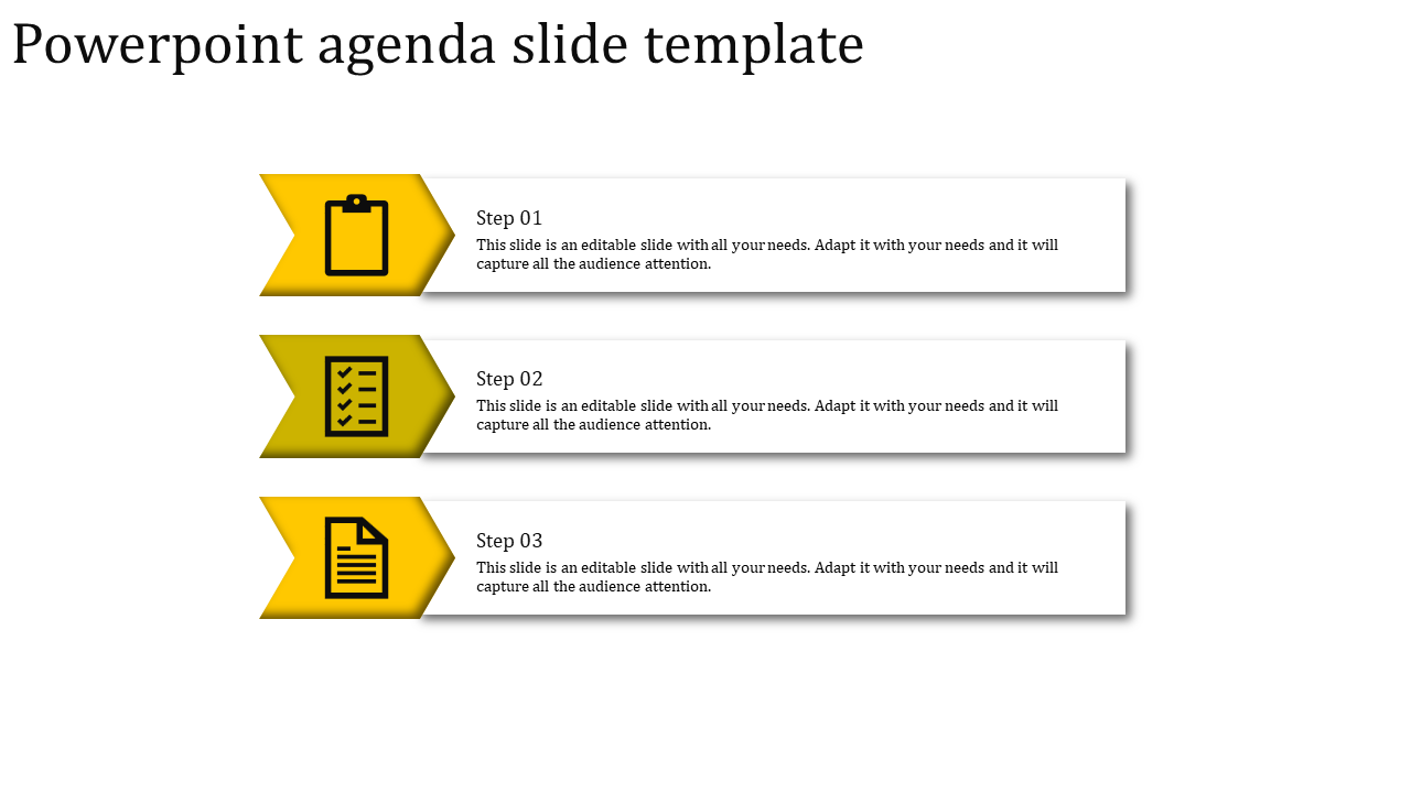 Agenda PPT slide with three yellow arrow icons representing steps, paired with text boxes for descriptions.