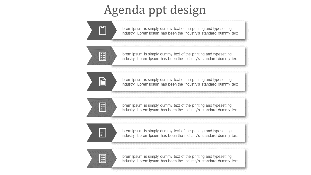 Minimalist agenda template featuring six steps with document related icons and placeholder text descriptions.