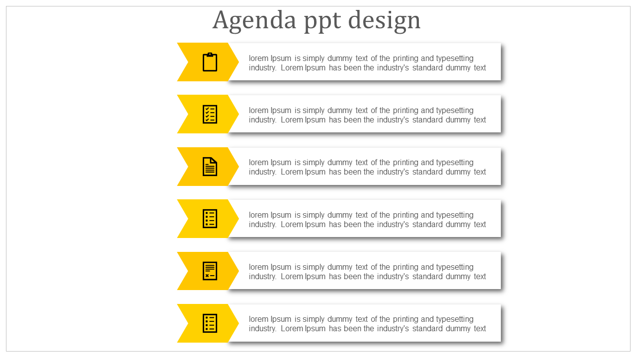 Six horizontal rows of yellow arrows with icons and descriptive text, forming a clean agenda layout on a white background.