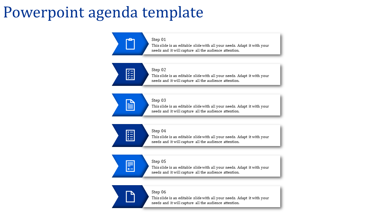 Agenda PPT Design for Professional Meetings with Six Steps