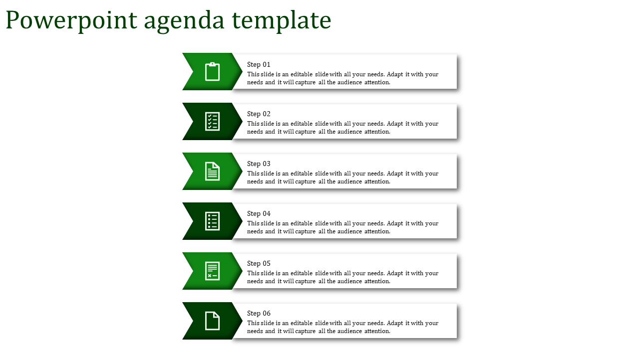 Agenda slide featuring six steps with green arrow-shaped icons, each paired with text boxes for descriptions.