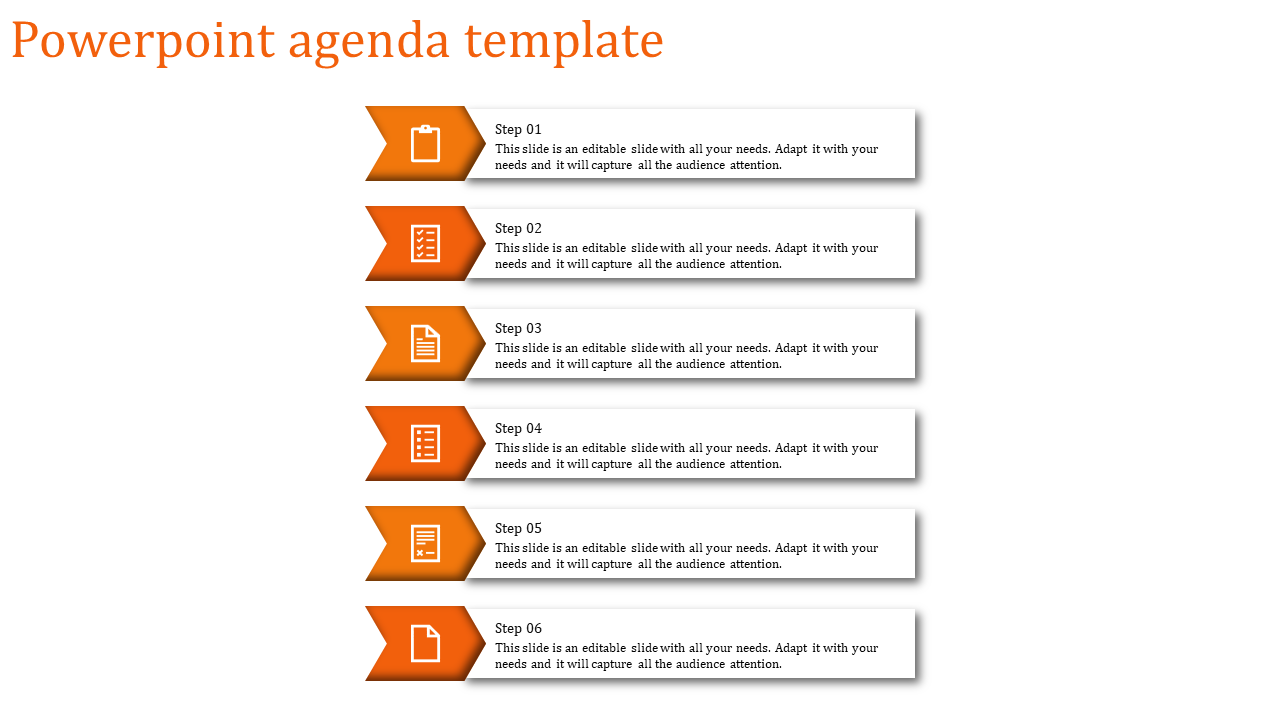 Agenda slide with six orange arrow shapes containing icons and text, arranged vertically, on a white background.