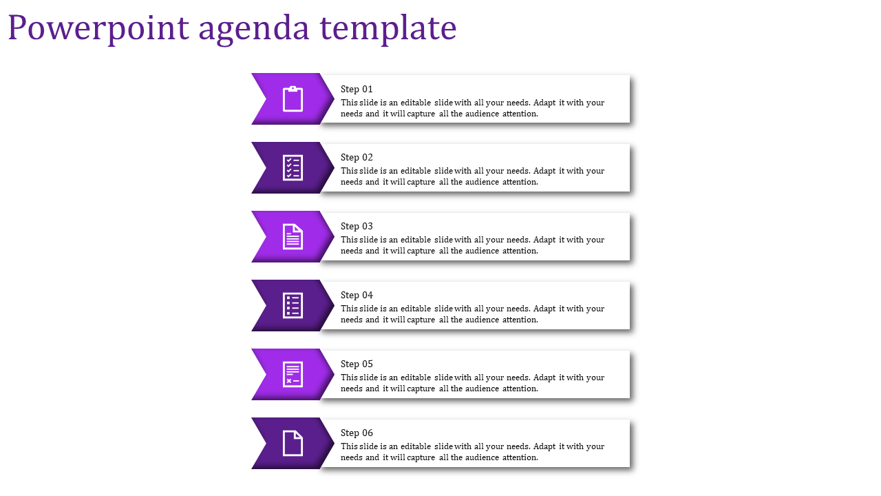 Agenda PPT slide with six purple arrow icons representing steps, paired with descriptive text boxes.