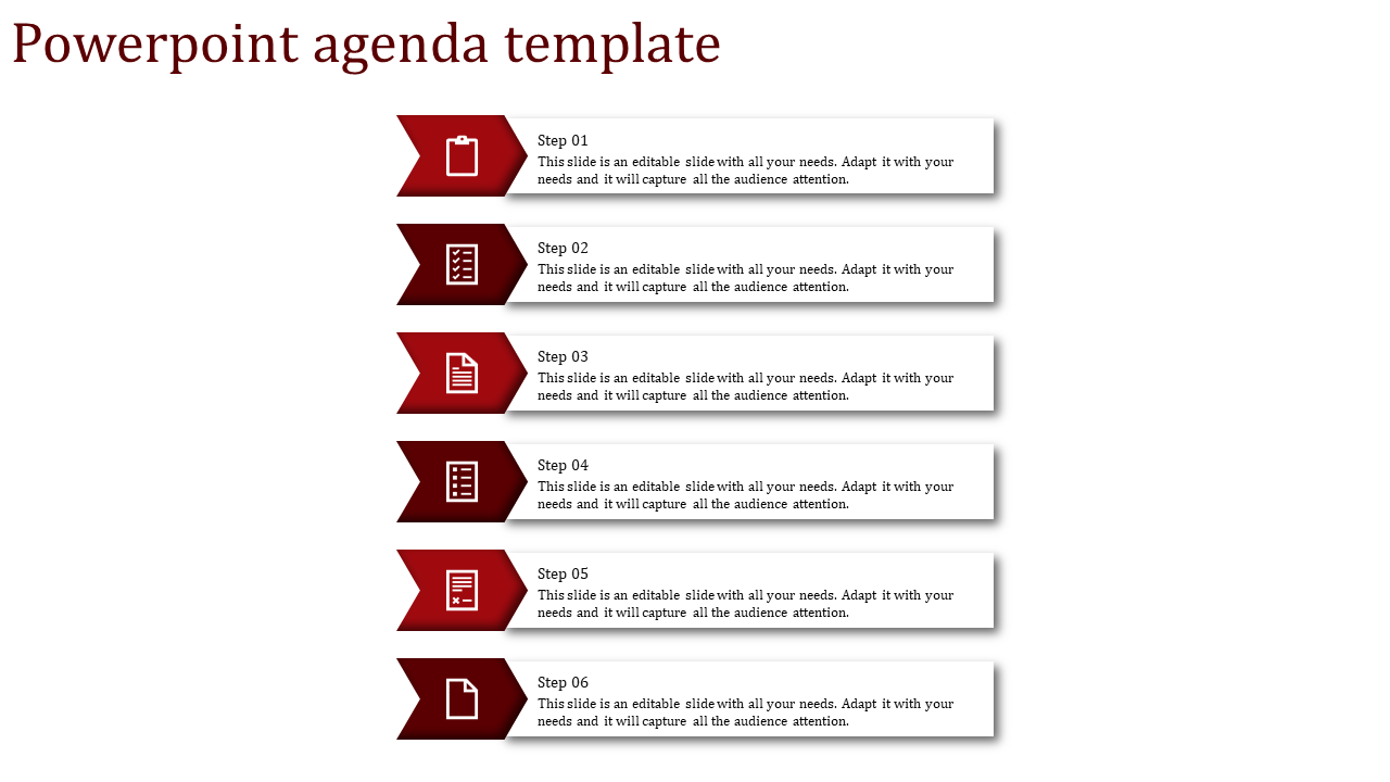 Red themed agenda slide with six horizontally arranged steps, each with a different checklist or document icon.