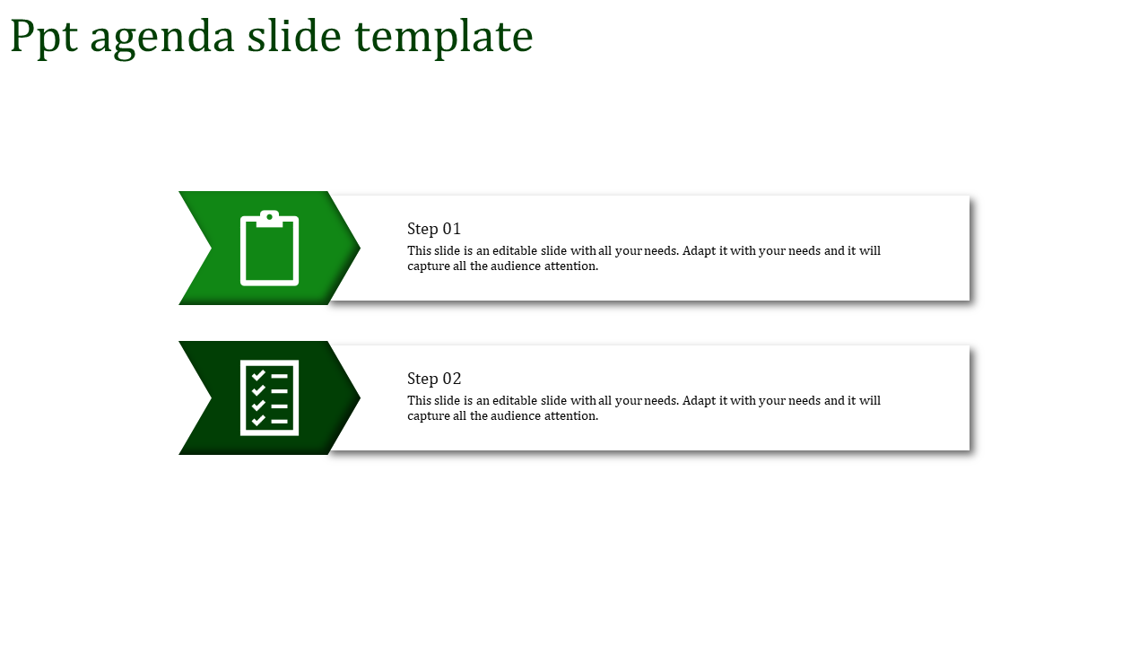 Simple agenda design with two sequential steps, using green arrow banners with white icons and text boxes.