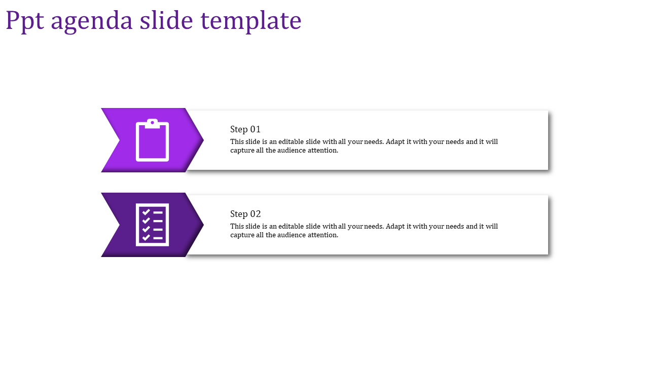 Professional PowerPoint agenda slide with two steps and clipboard icons in purple scale design with placeholder text.