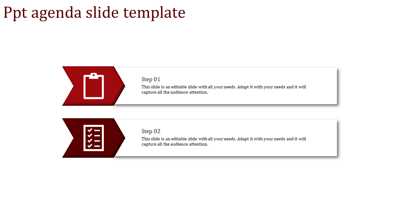 Two step agenda slide with red arrow banners, featuring a clipboard and checklist icon alongside text boxes.