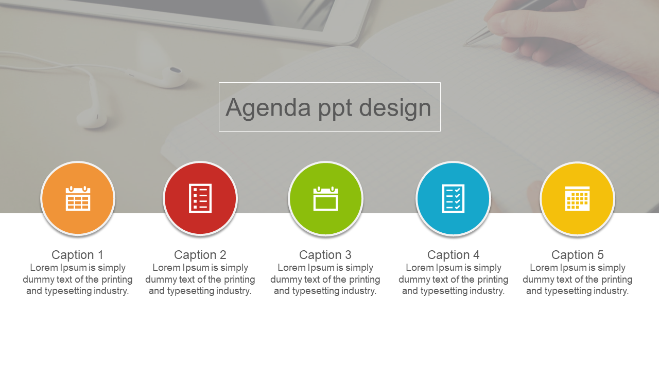 Agenda slide with five colorful circular icons in  orange, red, green, blue, and yellow, with text below.