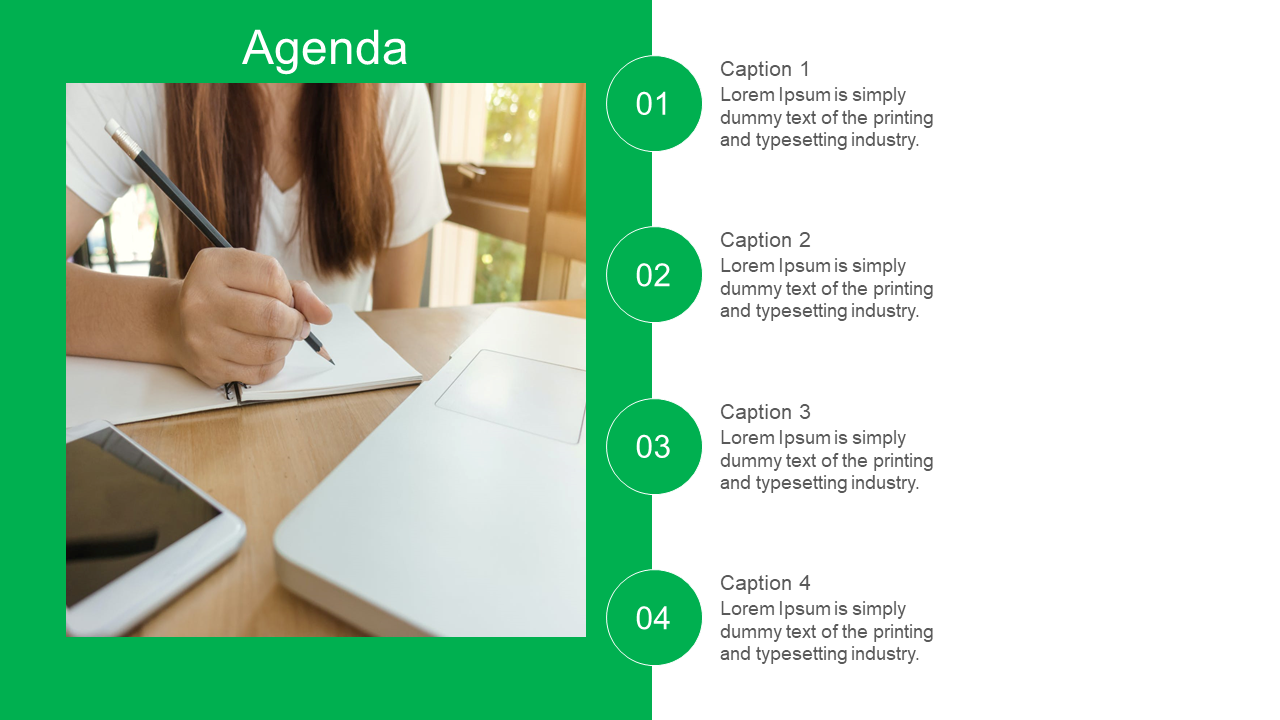 Slide showing an agenda with numbered points and an image of a notepad, laptop, and smartphone.