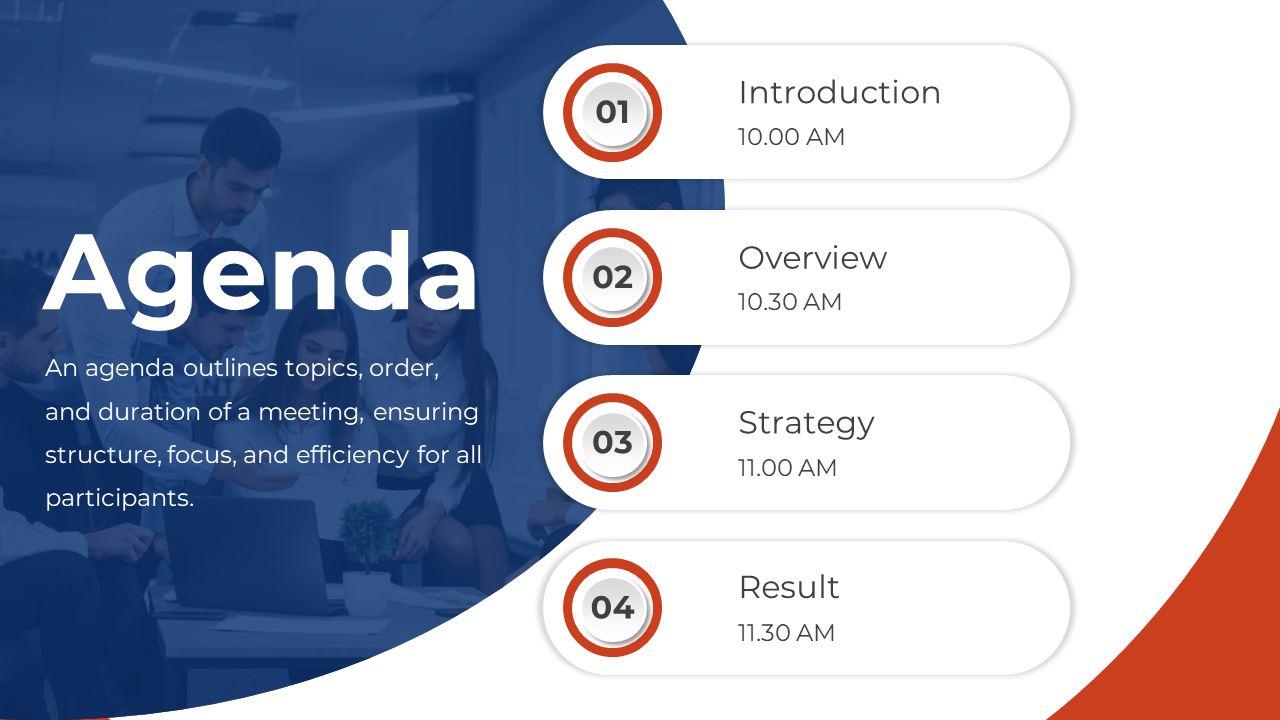 Agenda slide with four time slots accompanied by a meeting room background.