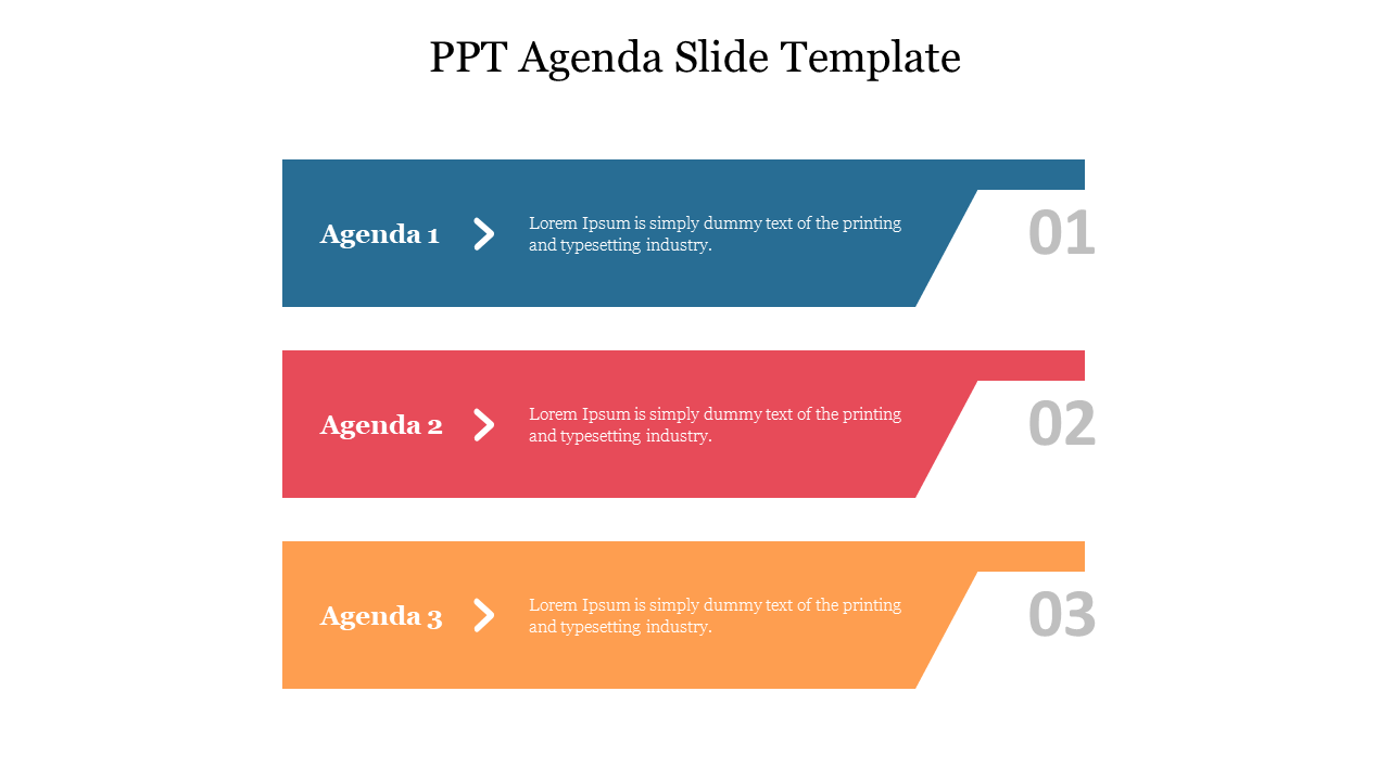 Agenda slide with horizontal banners in blue, red, and orange, with numbered sections, on a white background.