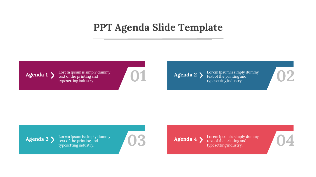 A PPT slide presentation featuring four distinct agenda items with numbered and colored boxes.