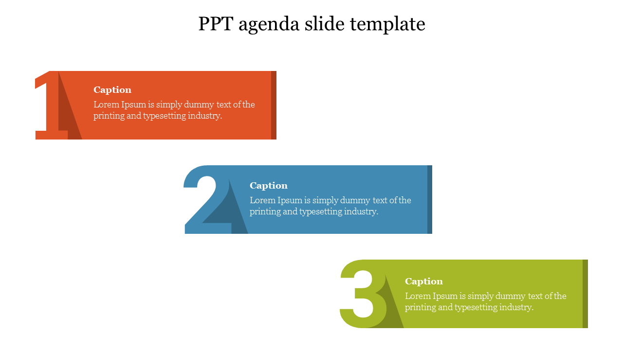 Agenda slide with three large numbered sections in red, blue, and green, each containing a caption area.