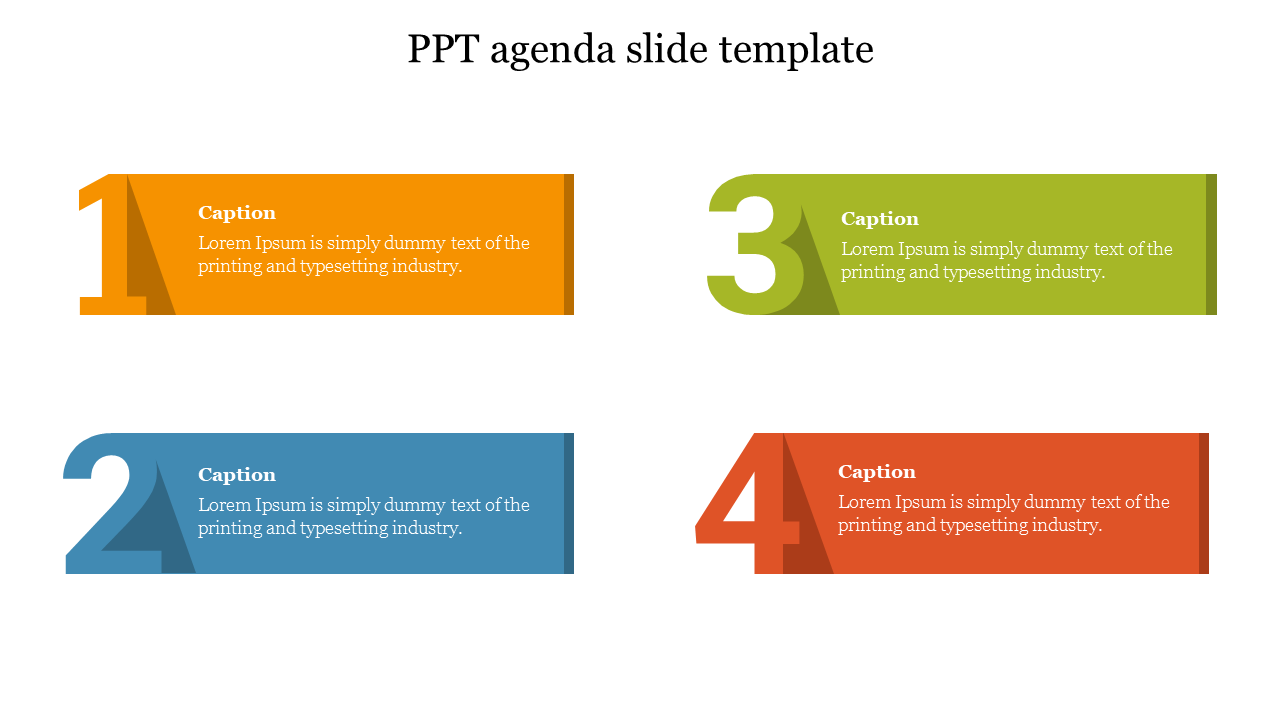 Agenda slide with four colored sections, numbered one to four, each with a placeholder text area.